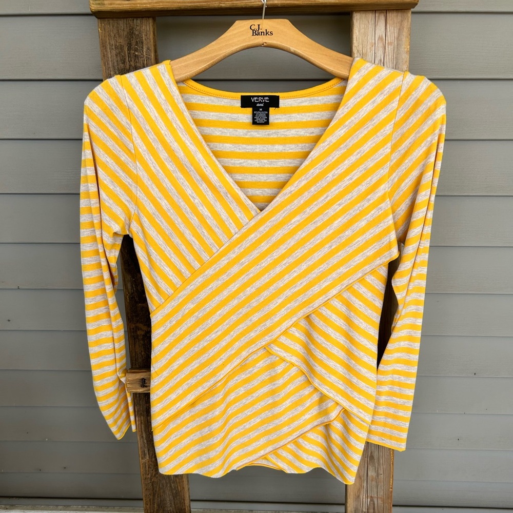 Verve Ami grey and yellow striped medium long sleeve shirt